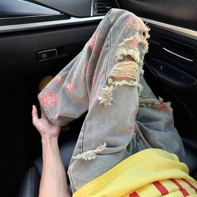 Amerikan sokak modası çiçek yırtık kot erkek yazlık yüksek kaliteli ince pantolon gül tam baskılı düz pantolon
