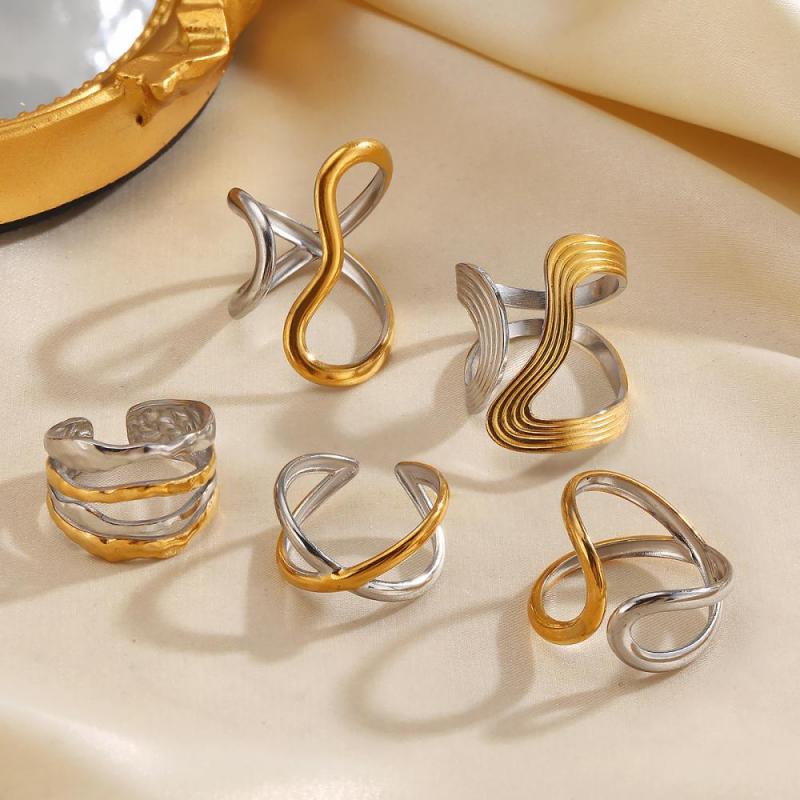 Stainless Steel Hollow Irregular Line Rings For Women Men Punk Unique Metal Waterproof 18K Gold Color Open Rings Jewelry Gifts