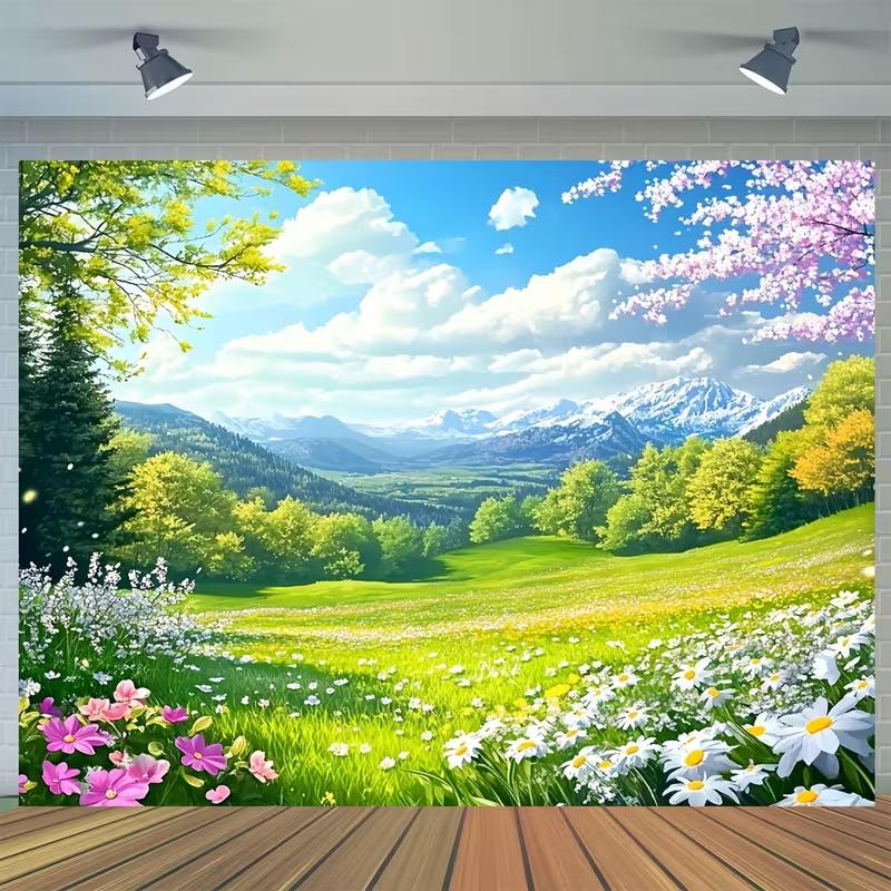 2D Фон для вечеринки «Весенний альпийский луг с полевыми цветами» 47.2x31.5inch/120*80cm