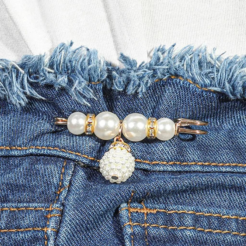 2pcs-Women New Skirt Waist Artifact Waist Pin Cute Imitation Pearl Rhinestone Brooch Anti-lighting Pin Jewelry