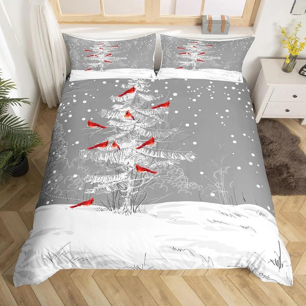 Ložní souprava Red Cardinals King Queen Size Akvarelové šišky Přikrývka Roztomilí ptáčci Povlak na přikrývku Romantická láska Povlak na prošívanou deku
