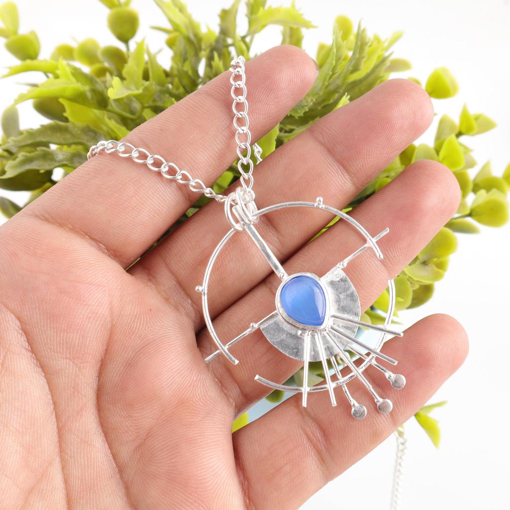 Dark Blue Cat's Eye 925 Sterling Silver Pendant, Handmade Gemstone Pendant, Appealing Cat's Eye Gemstone Jewelry, Yoga Jewelry For Grandma Gift