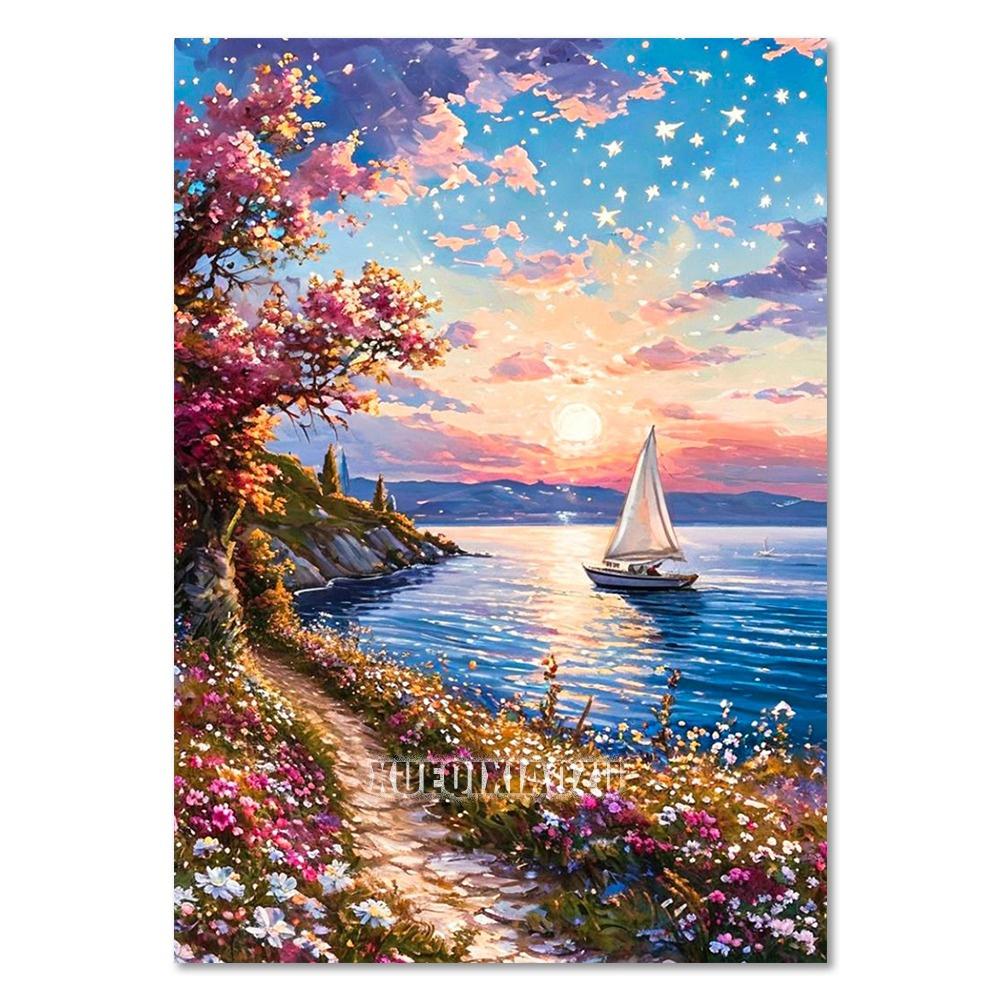 Sea Sailboat 5D Diamond Painting Kit Mountain View Flower House Mosaic Cross Stitch DIY Home Decor Gift for Adult Beginners