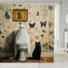 Cute Ghost Kids Shower Curtains,Black Cartoon Cat Happy Halloween Bathroom Curtain For Girls Boys,Rose Flowers Baroque Vintage