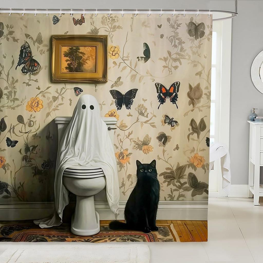 Cute Ghost Kids Shower Curtains,Black Cartoon Cat Happy Halloween Bathroom Curtain For Girls Boys,Rose Flowers Baroque Vintage