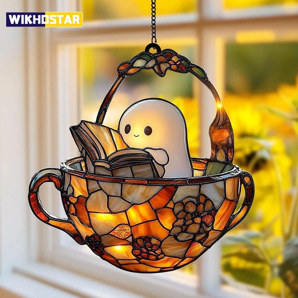 Halloween Ghost Reading Book Suncatcher Hanging Decor Acrylic Window Hanging Ornament Colorful Shadow Home Decorations