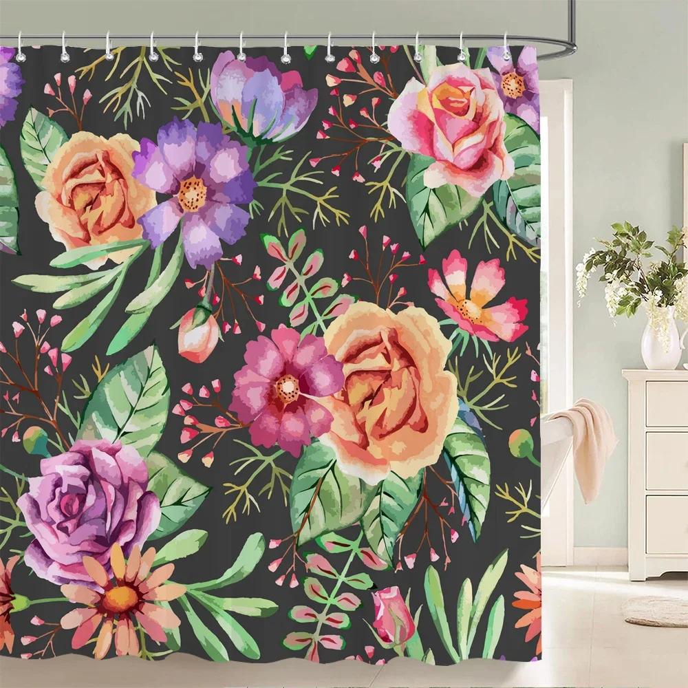 Watercolor Flowers Floral Shower Curtains Pastoral Spring Greenery Plants Home Decor For Bathroom Polyester Fabric Bath Curtain