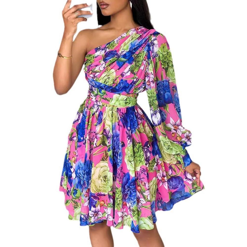 Abito Midi Stampato Boho da Donna a Spalla Singola con Maniche Lunghe Abito Casual Boemo per le Vacanze da Donna