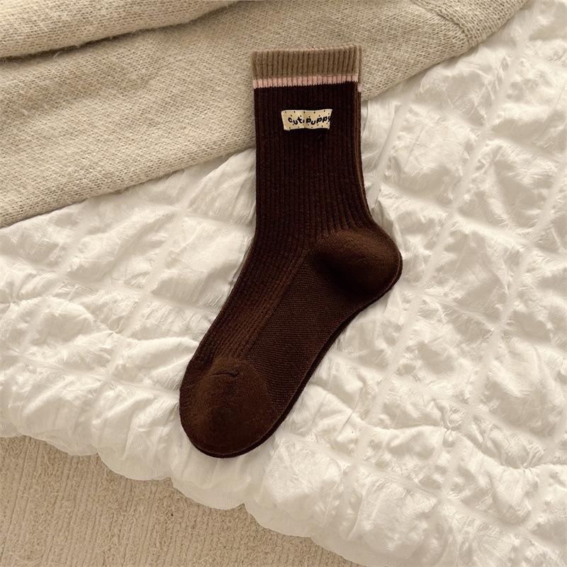 Women's Autumn and Winter Wool Mid-calf Socks in A Color-blocked Cartoon Cute Boneless Striped Warm Long Sock