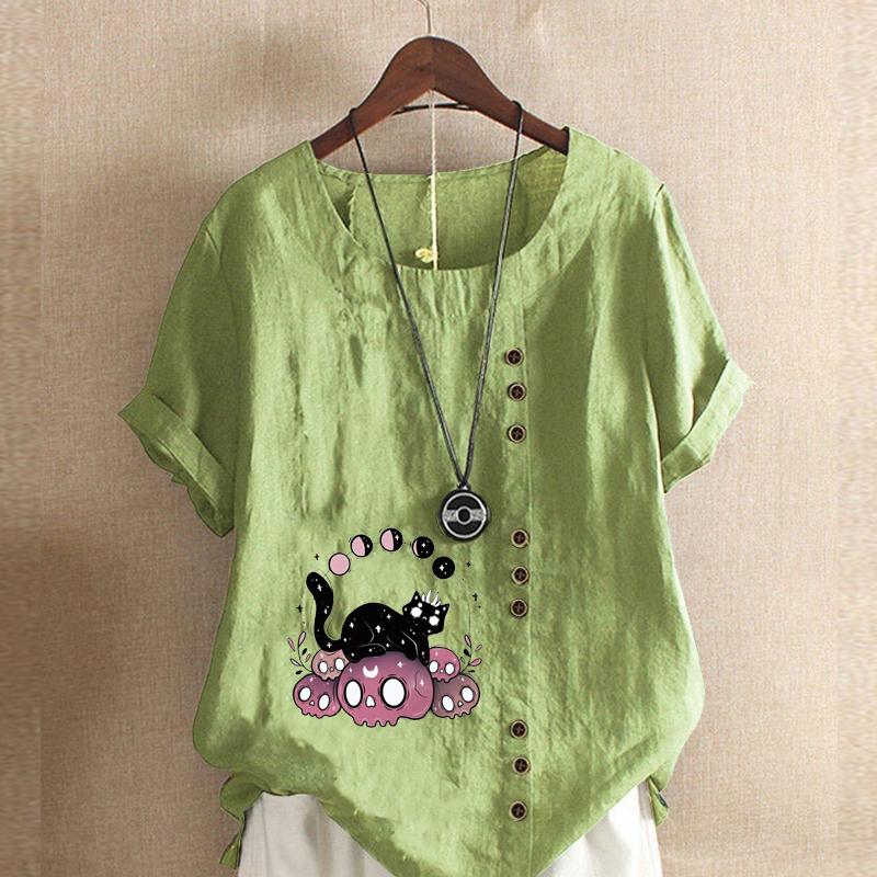 

Женская мода, футболка с коротким рукавом и круглым вырезом, повседневная хлопковая льняная рубашка с рисунком, свободная летняя блузка с принтом черепа для отдыха, летняя блузка с принтом черной кошки, топы больших размеров 5XL зелёный