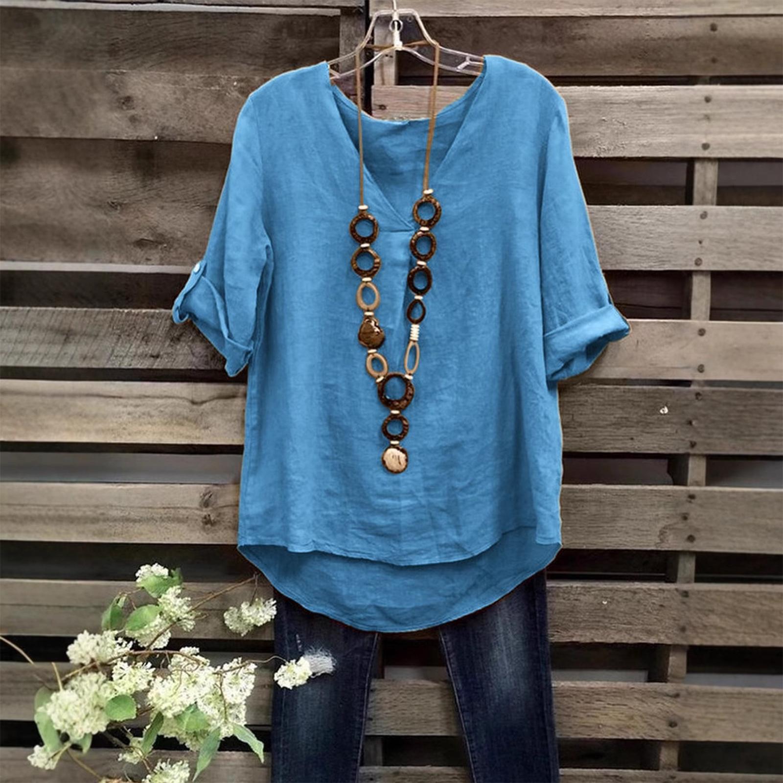 Women s Fashion Color V-neck Casual Loose Middle Sleeve Top L