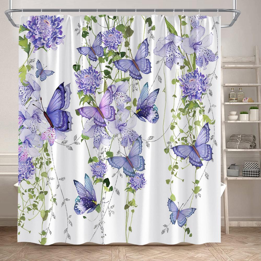 Floral Butterflies Shower Curtains Pink Blue Rustic Flowers Butterfly Plant Polyester Fabric Home Bathroom Curtain Bathtub Decor
