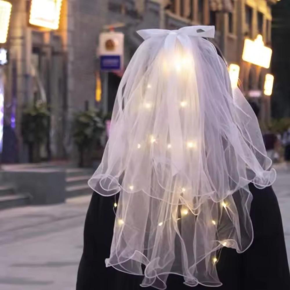 LED Light Bridal Wedding Veil with Pearls/Crowns Wedding Tiara Veil for Props Party Headpieces Decor Glowing flash veil