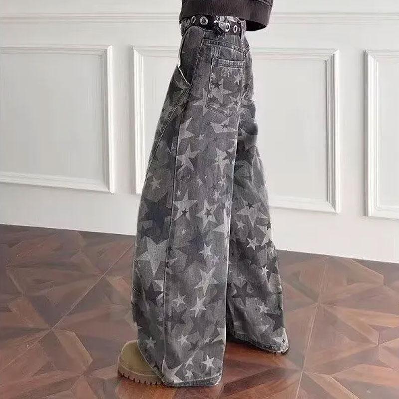 Men All Over Star Print High Waist Wide Leg Denim Cargo Pants