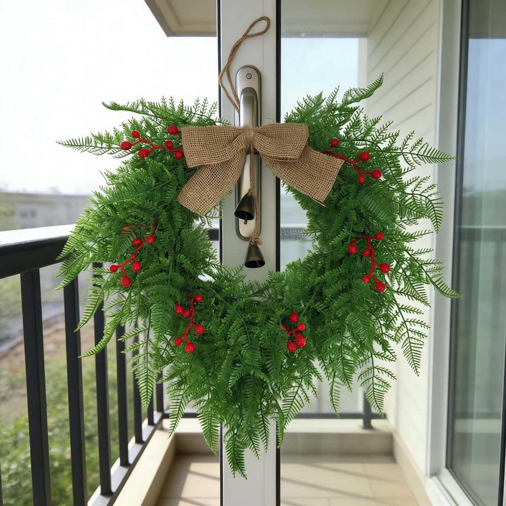 Christmas Bell and Bow Flower Wreath - Festive Front Door Hanging Decoration