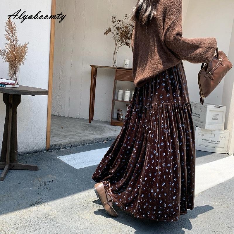 Koreanische Mode Herbst Winter Damen Samtrock Hohe Taille Blumendruck Schwarz Braun Midirock Vintage Elegant Feminin Rüschenrock