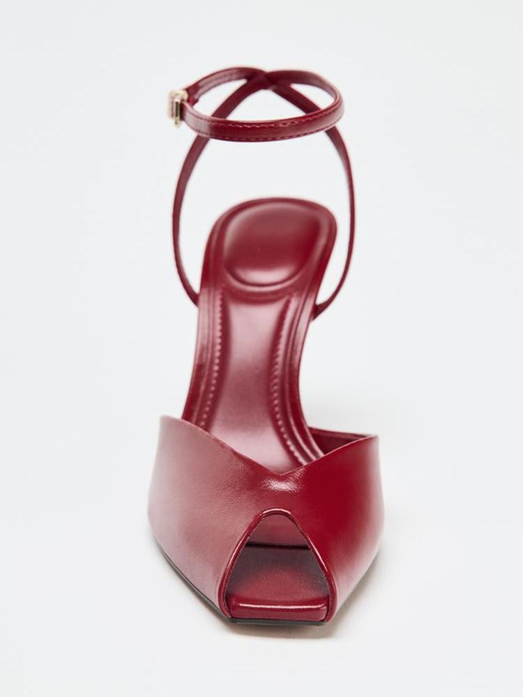 Mote Rød Mykt Skinn PU Ankelstropp Hælsandaler Kvinner Sexy Peep Toe Høye Hæler Elegante Bryllupssko Sandalias De Mujer