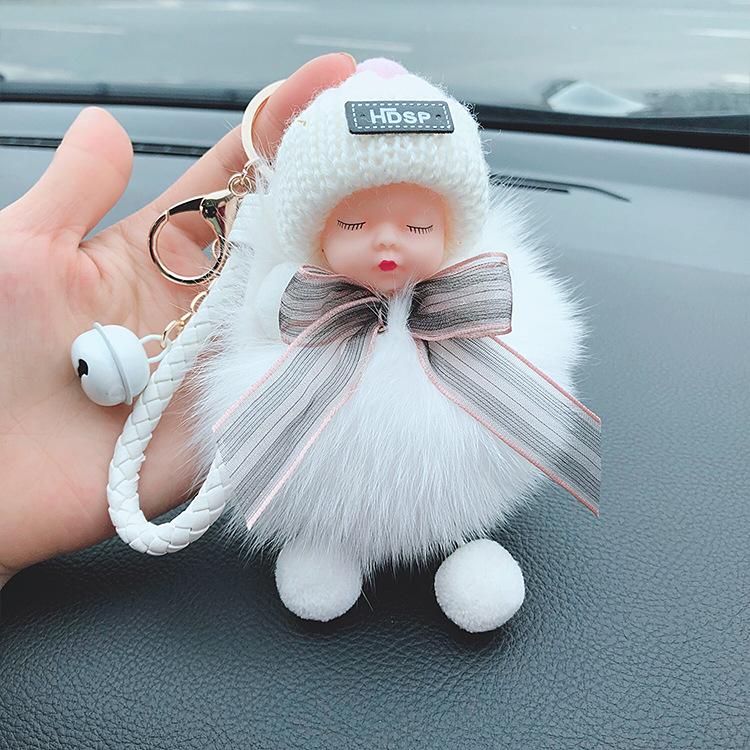 Korean Bow Keychain: Squinting Doll with Fox Fur Pendant - A Unique Japanese and Korean Gift