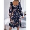 QICED Spring Summer Elegant Flower-patterned, Long-sleeved, Waist-cinched, Ruffled A-line Dress for Women's Wear