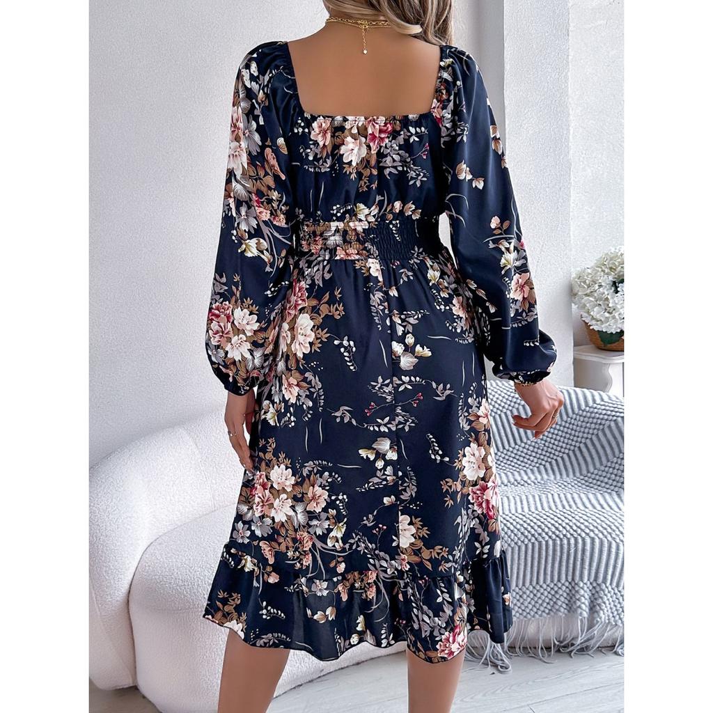 QICED Spring Summer Elegant Flower-patterned, Long-sleeved, Waist-cinched, Ruffled A-line Dress for Women's Wear
