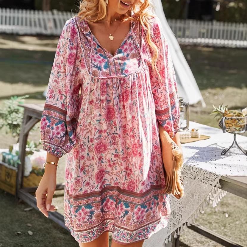 Women's Long Sleeve V-Neck Lace-Up Bohemian Print Dress