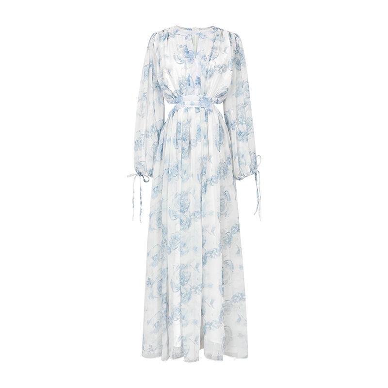 

Винтажное пляжное платье миди с цветочным принтом, женское элегантное открытое корейское праздничное платье с разрезом, женское повседневное платье феи с длинными рукавами L синий