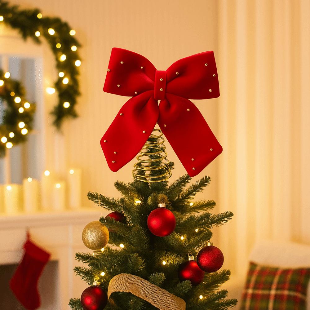 Festival Party Extra-Large Christmas Tree Topper Decorative Wine Red Velvet Ribbon Bow Luxurious Star Tree Topper Festive Decor