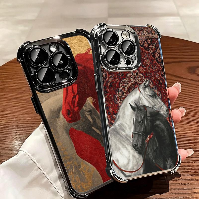 Horse Art Aesthetics Plating Phone Case For Iphone 16 17 Pro Max Air 16E 14 15 Plus 12 13 Mini Anti-Fall Airabag Cover