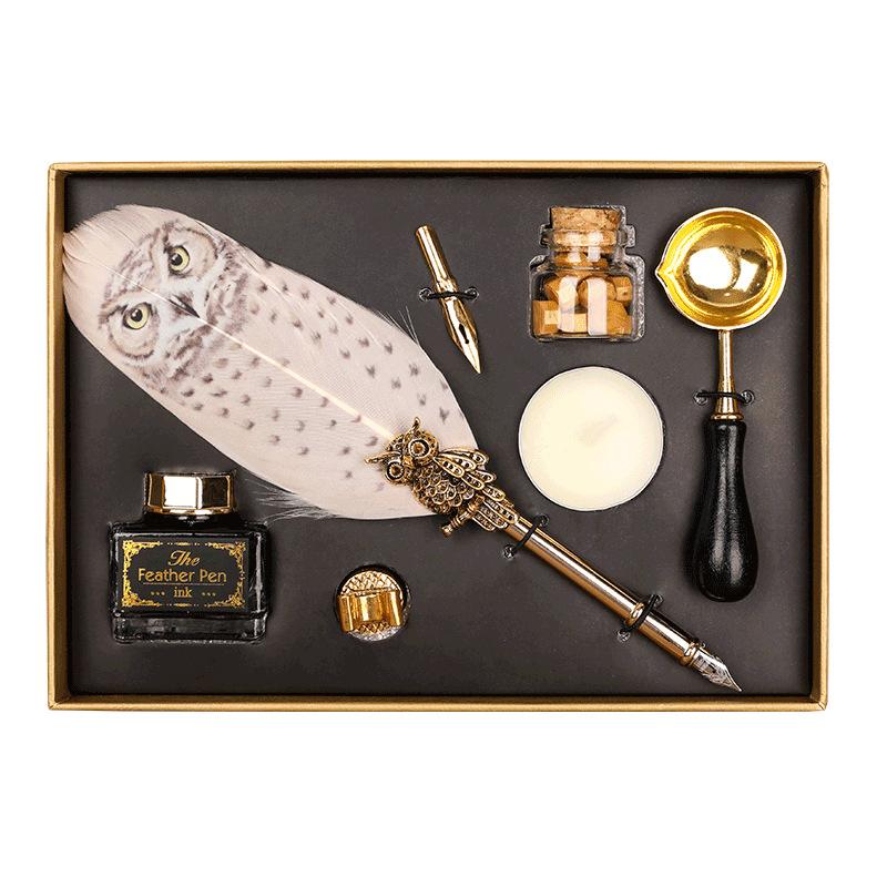 Magische Akademie Federkiel-Tauchstift-Set mit Wachssiegel-Kit, Eulenfeder-Stift Kreatives Geschenk, Schreibwaren Geschenkbox