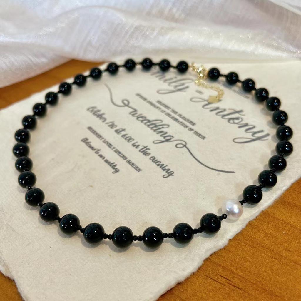 Retro Natural Black Agate Freshwater Pearl Collarbone Chain Necklace Neck Chain Niche Premium Versatile Collarbone Chain