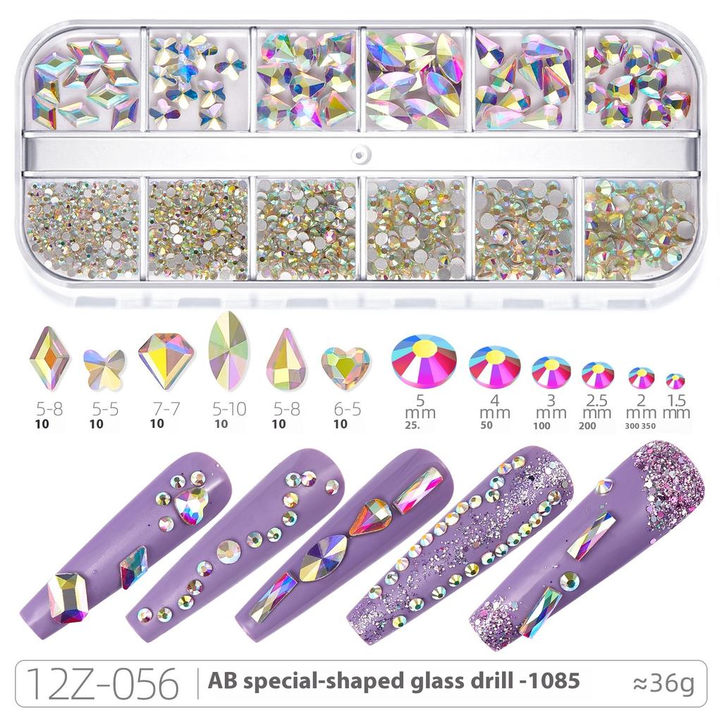 Broca para Nail Art 12 Compartimentos Strass Fundo Plano Broca Formato Especial Unha Vidro AB Aurora Transparente Broca Unha Conjunto de Joias para Nail Art