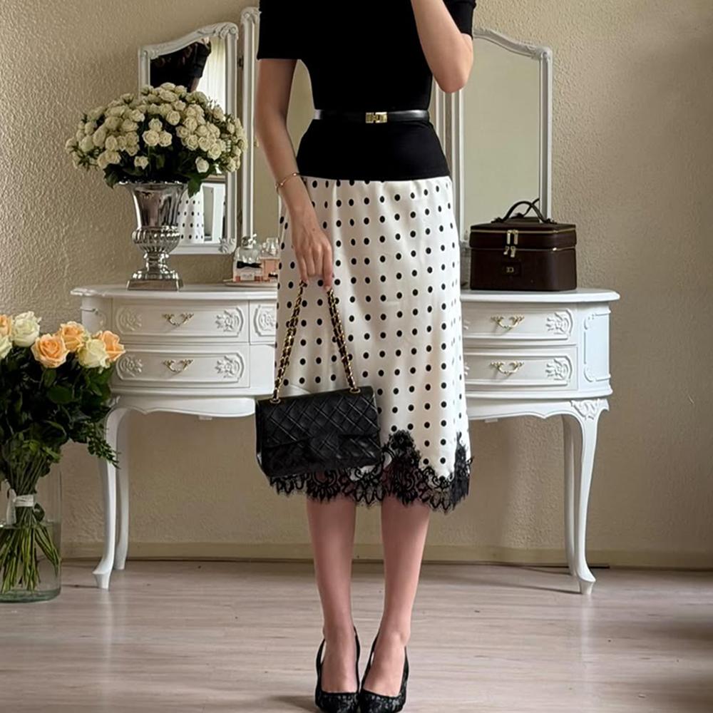 Gonne Lunghe in Pizzo da Donna Talenza Moda Vita Alta Patchwork Pois Gonna di Raso Elegante Festa Y2K Casual Chic Gonna da Donna