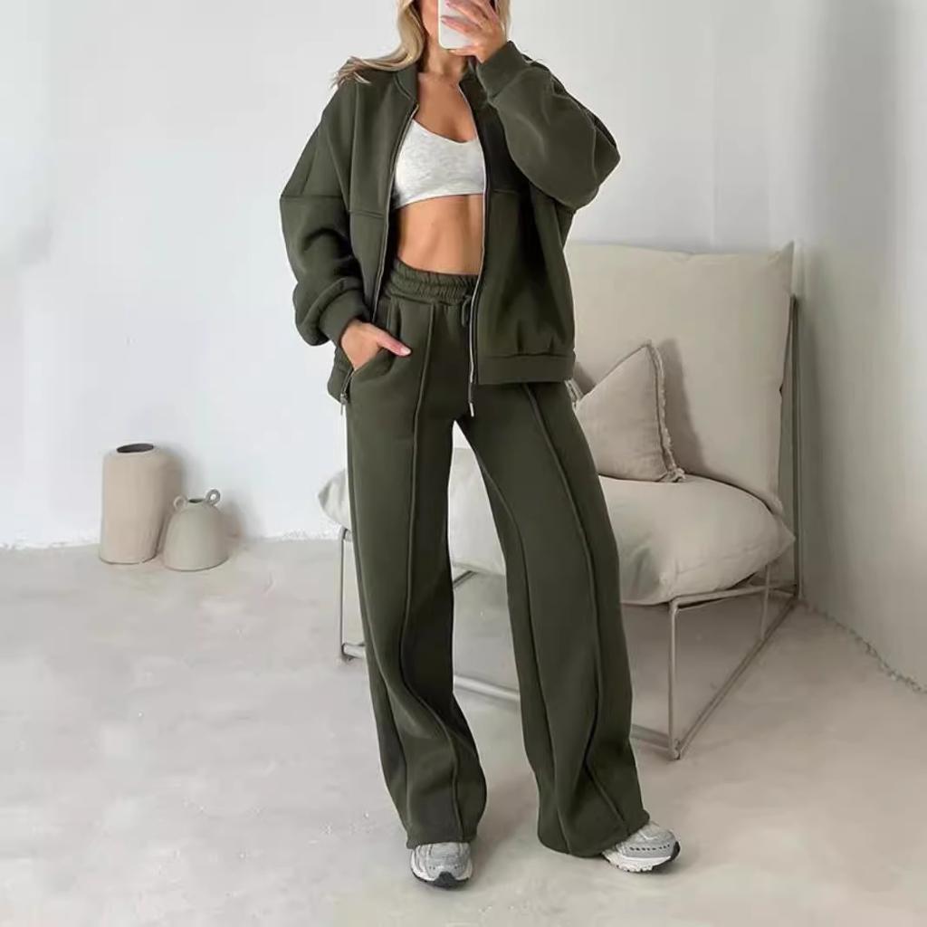 New Women's Fashion Casual Set: Solid Color Long-sleeved Sweatshirt, Zipper Trousers, Two-piece Set