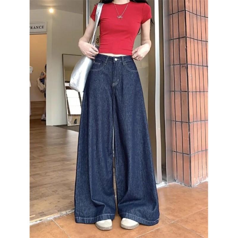 High-Waisted Wide-Leg Denim Pants Women Vintage Washed Loose Fit Cropped Flare Trousers Small