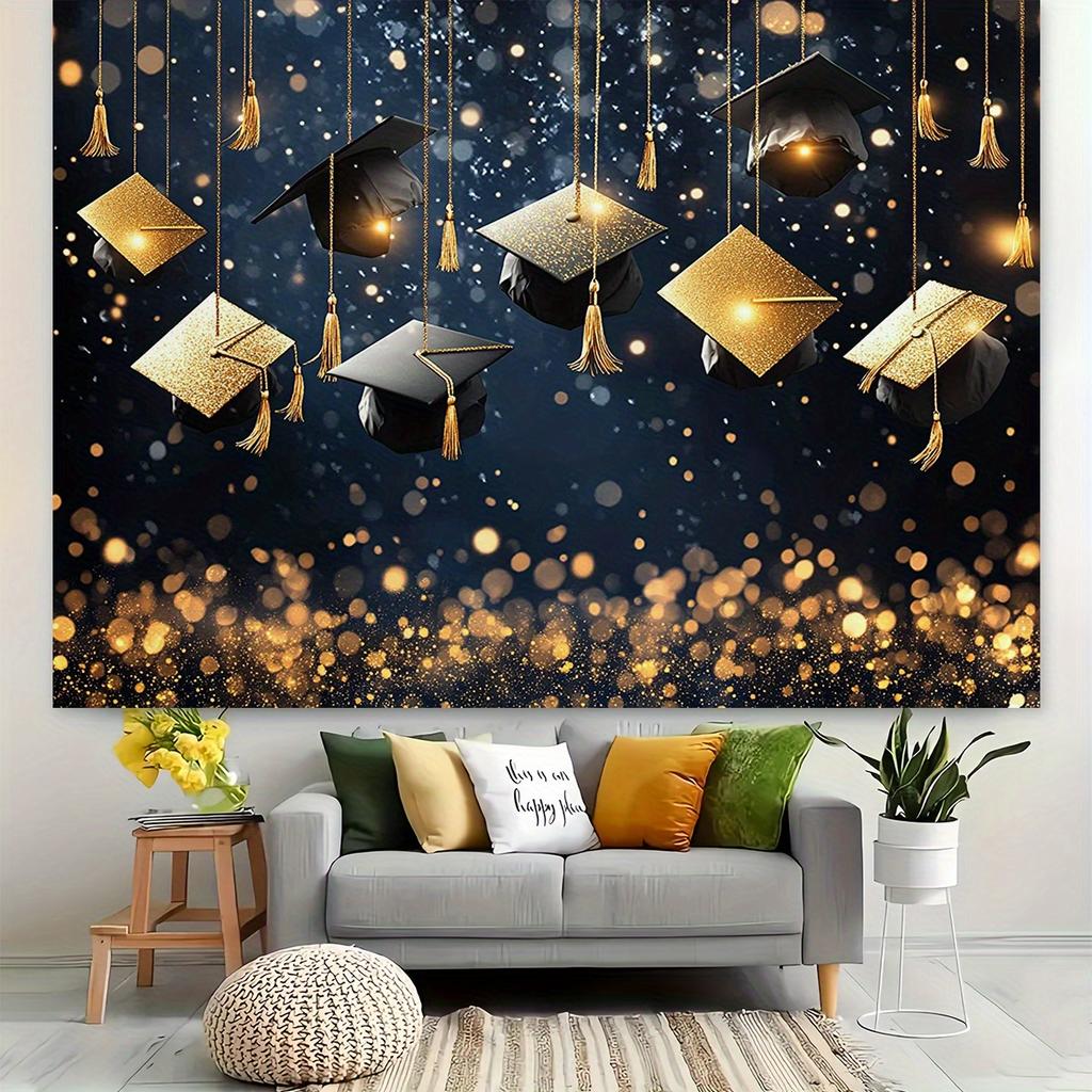 A gold and black background, decorated with a graduation hat, is elegant and complex, suitable for graduation celebrations