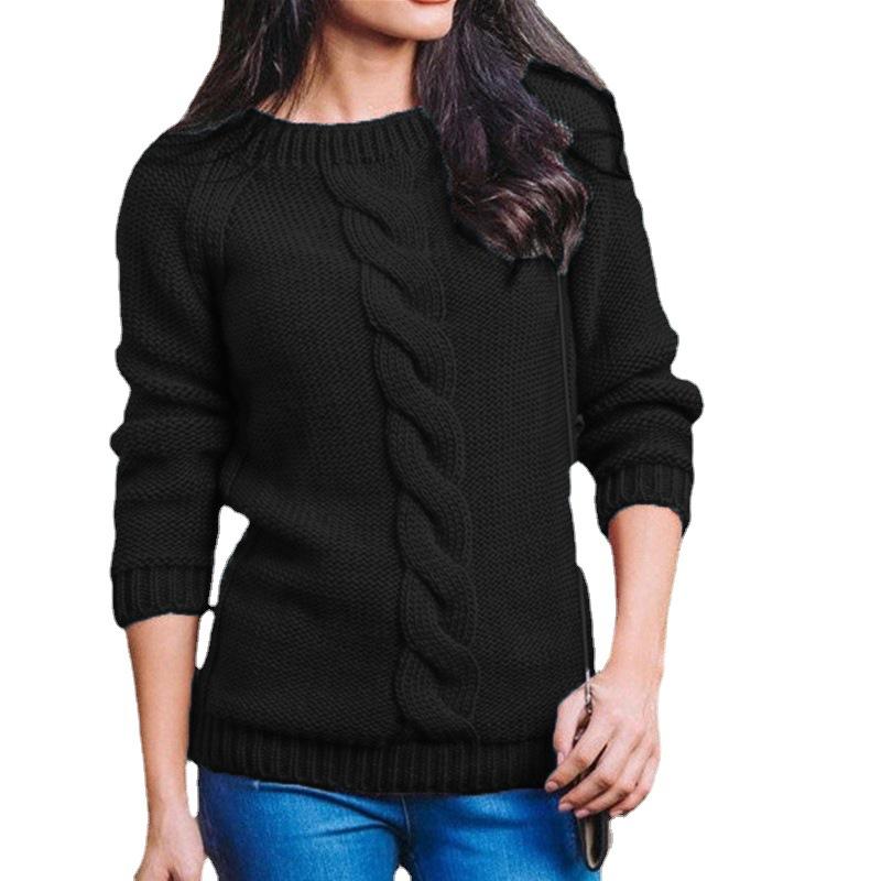Women's Fashionable Hemp Rope Knitted Detail Round Neck Long Sleeve Sweater Luxurious Relaxed-fit Slimming and Versatile Top