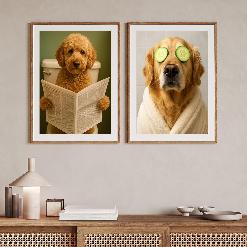 Süßer Hund auf der Toilette Lustiges Tier Badezimmer Poster Drucke Leinwandbild Moderne Wandkunst Bilder Dusche Heimdekoration