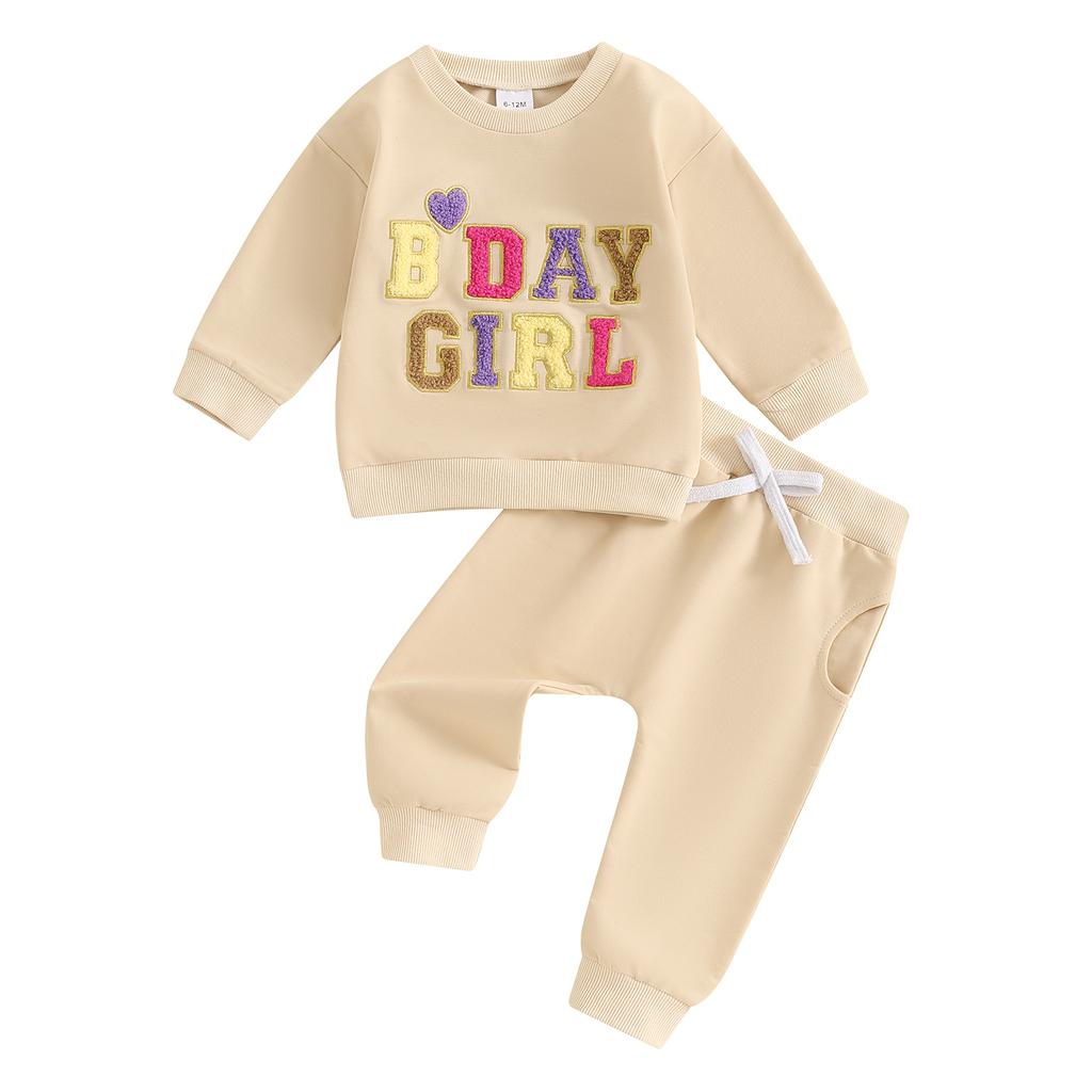 Baby Girl 2Pcs Birthday Outfits Long Sleeve Letter Embroidery Pullover + Pants Set Toddler Fall Clothes