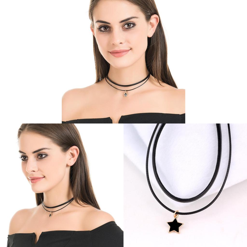 Fashion Collar With Star Pendant And Double Layer Black Leather Cord For Women