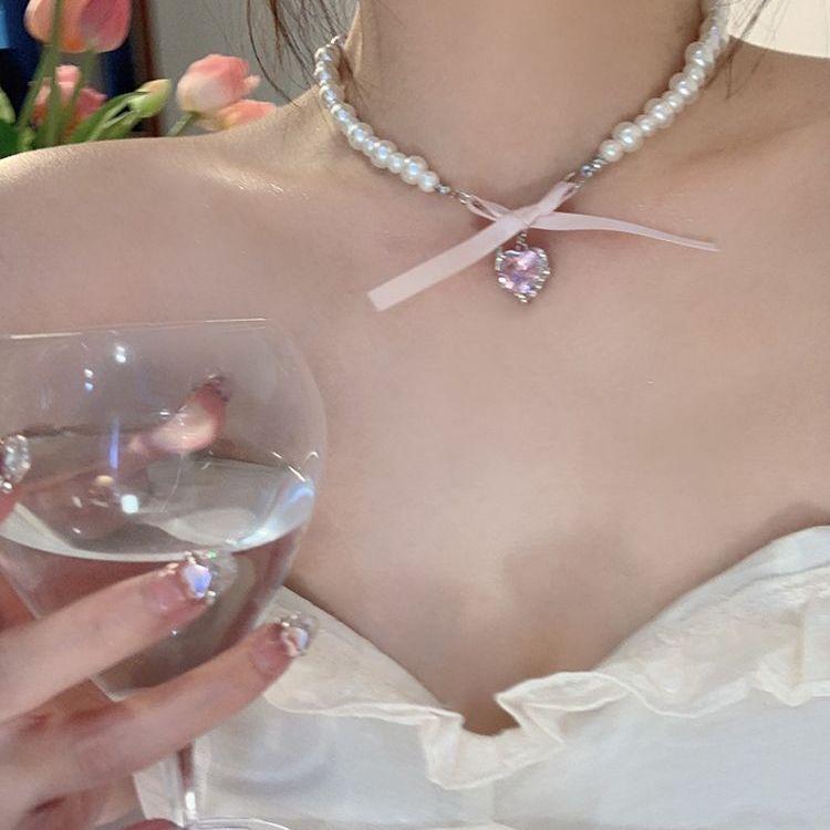 Sweet Love Bow Pearl Necklace Girls Summer Accessories Sweet Love Bow Pearl Necklace Versatile