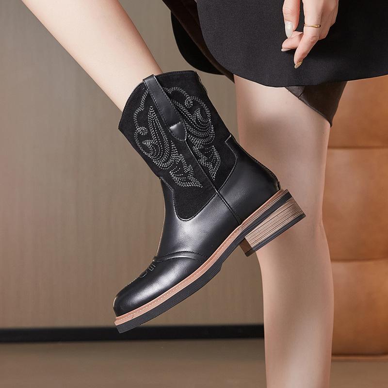 Ethnic style western cowboy boots new autumn and winter Maillard brown medium tube Martin boots