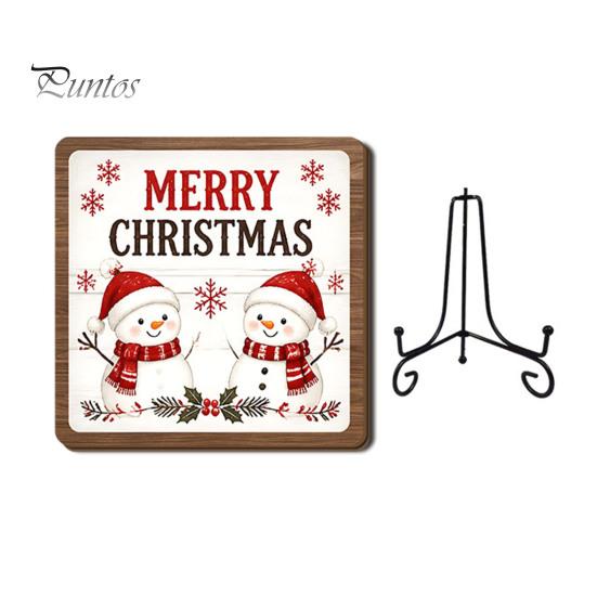 Christmas Hanging Ornament Wooden Tabletop Decor, 2D Pet Santa with Iron Stand, Rustic Festive Home Accents Holiday Sign for And Cafe Shelf,
