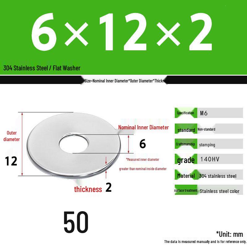 304 Stainless Steel Thickened Flat Washer Set, Sizes 2-36