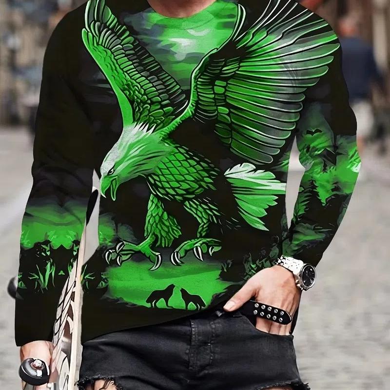 Moda Aquila Stampa Digitale 3D T-Shirt Casual Comoda a Maniche Lunghe Autunno Abbigliamento Fantasia da Uomo Top Regali da Uomo