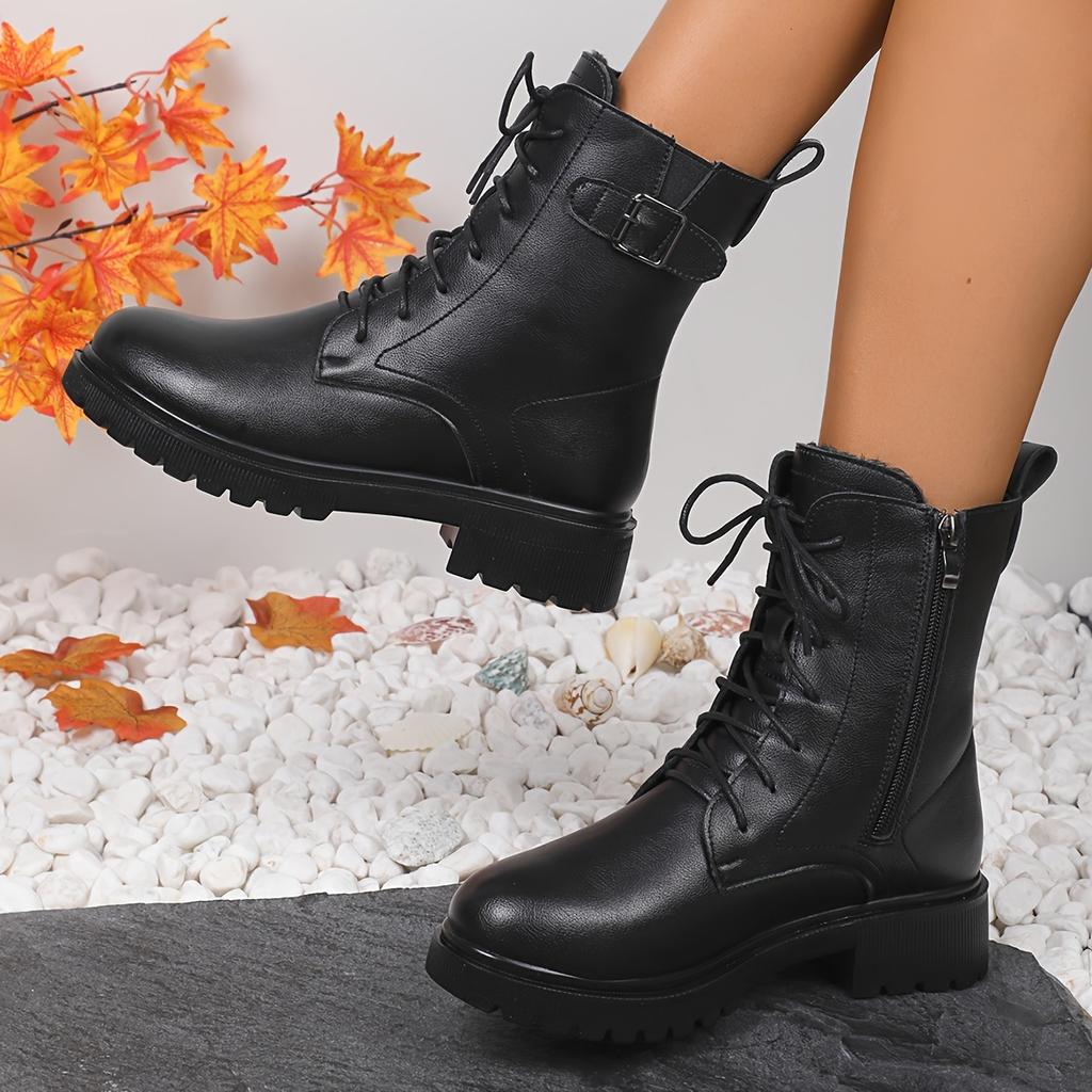 fashion Women's Black Platform Ankle Boots Fashion Buckle Decor Lace Up Motorcycle Boots Woman Thick Sole PU Leather Combat Booties 2024