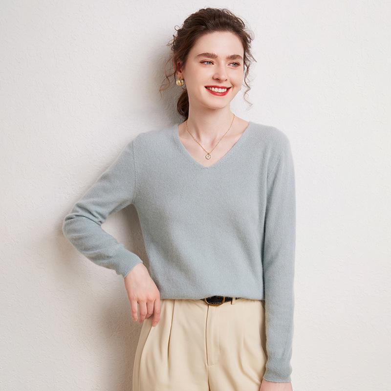 Women's 100% Pure Cashmere V-neck Sweater, Autumn Winter Long Sleeve Knit Pullover Top