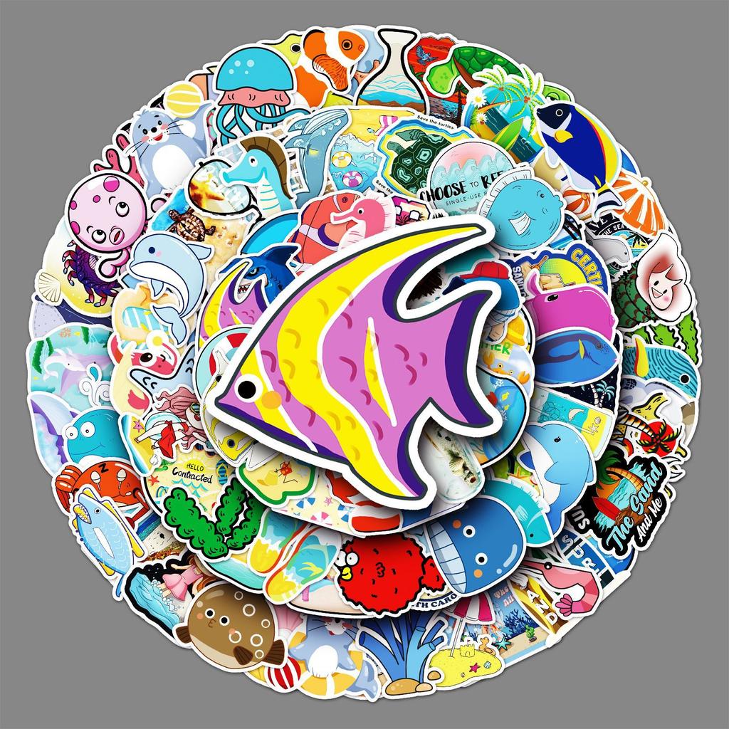 100 Pictures of Non-repeat Marine Life Cartoon Laptop Suitcase Scooter Car Decoration Stickers