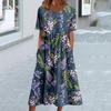 Damska Sukienka Letnia Okrągły Dekolt Luźny Krój Kwiatowy Nadruk Szeroki Dół Krótki Rękaw
