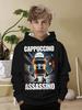 Trendy kids hoodie with weird cute cartoon character collage graphic, cozy breathable material, perfect for outdoor activities and casual trips.