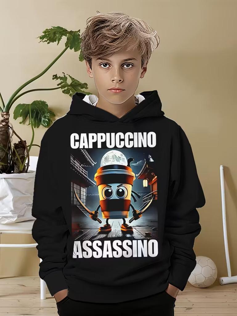 Trendy kids hoodie with weird cute cartoon character collage graphic, cozy breathable material, perfect for outdoor activities and casual trips.